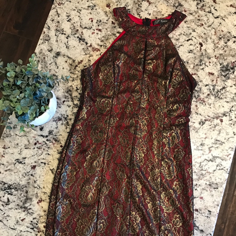 Red halter minidress with gold lace overlay